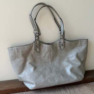 Coach Signature Gray Perforated Leather Double Handles Tote Shoulder Bag